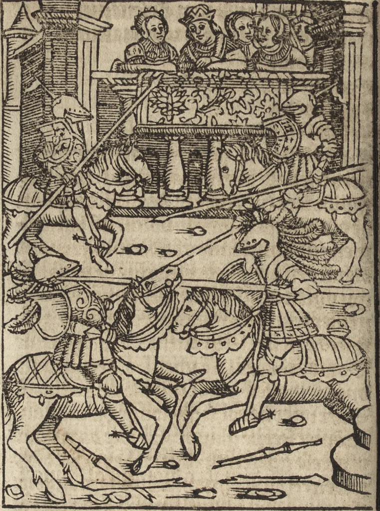 An illustration from Dits die excellente Cronike vā vlaenderē Beghinnende vā Liederick Buc den eersten Forestier tot dē laetstē, die door haer vrome feytē, namaels Grauē vā Vlaendrē ghemaect wordē, achteruolghende die rechte afcomste der voorsz grauē, tot desen onsen doorluchtichstē hoochghborē Keyser Karolo altijt v'meerder des rijcx geborē te Ghendt, etc, 1531, leaf 353