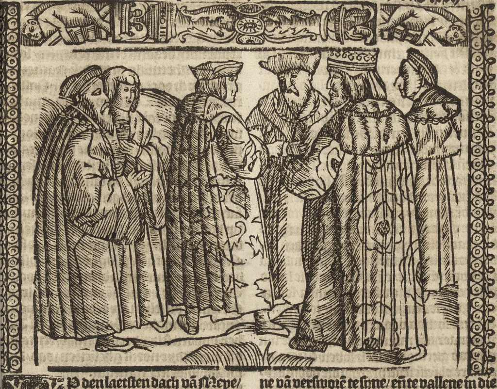 An illustration from Dits die excellente Cronike vā vlaenderē Beghinnende vā Liederick Buc den eersten Forestier tot dē laetstē, die door haer vrome feytē, namaels Grauē vā Vlaendrē ghemaect wordē, achteruolghende die rechte afcomste der voorsz grauē, tot desen onsen doorluchtichstē hoochghborē Keyser Karolo altijt v'meerder des rijcx geborē te Ghendt, etc, 1531, leaf 358