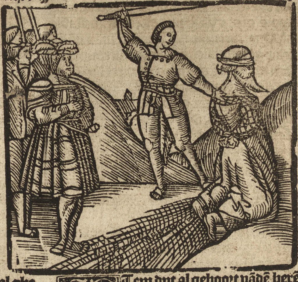 An illustration from Dits die excellente Cronike vā vlaenderē Beghinnende vā Liederick Buc den eersten Forestier tot dē laetstē, die door haer vrome feytē, namaels Grauē vā Vlaendrē ghemaect wordē, achteruolghende die rechte afcomste der voorsz grauē, tot desen onsen doorluchtichstē hoochghborē Keyser Karolo altijt v'meerder des rijcx geborē te Ghendt, etc, 1531, leaf 364