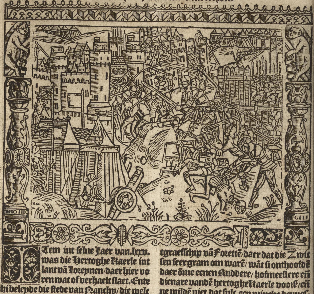 An illustration from Dits die excellente Cronike vā vlaenderē Beghinnende vā Liederick Buc den eersten Forestier tot dē laetstē, die door haer vrome feytē, namaels Grauē vā Vlaendrē ghemaect wordē, achteruolghende die rechte afcomste der voorsz grauē, tot desen onsen doorluchtichstē hoochghborē Keyser Karolo altijt v'meerder des rijcx geborē te Ghendt, etc, 1531, leaf 365
