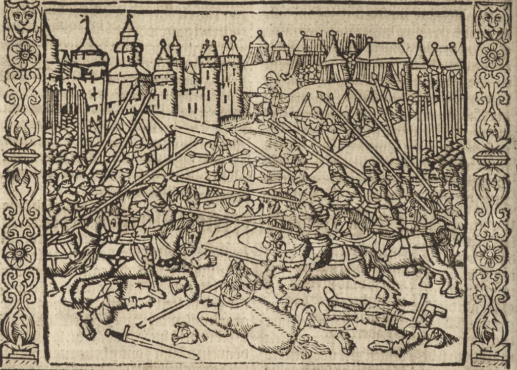 An illustration from Dits die excellente Cronike vā vlaenderē Beghinnende vā Liederick Buc den eersten Forestier tot dē laetstē, die door haer vrome feytē, namaels Grauē vā Vlaendrē ghemaect wordē, achteruolghende die rechte afcomste der voorsz grauē, tot desen onsen doorluchtichstē hoochghborē Keyser Karolo altijt v'meerder des rijcx geborē te Ghendt, etc, 1531, leaf 367
