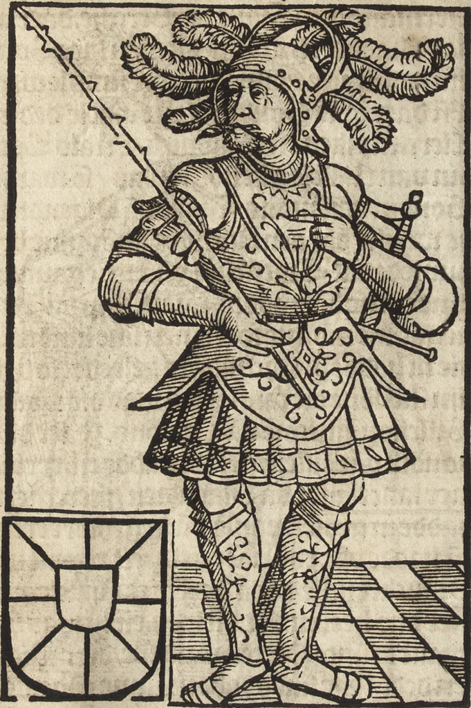 An illustration from Dits die excellente Cronike vā vlaenderē Beghinnende vā Liederick Buc den eersten Forestier tot dē laetstē, die door haer vrome feytē, namaels Grauē vā Vlaendrē ghemaect wordē, achteruolghende die rechte afcomste der voorsz grauē, tot desen onsen doorluchtichstē hoochghborē Keyser Karolo altijt v'meerder des rijcx geborē te Ghendt, etc, 1531, leaf 37