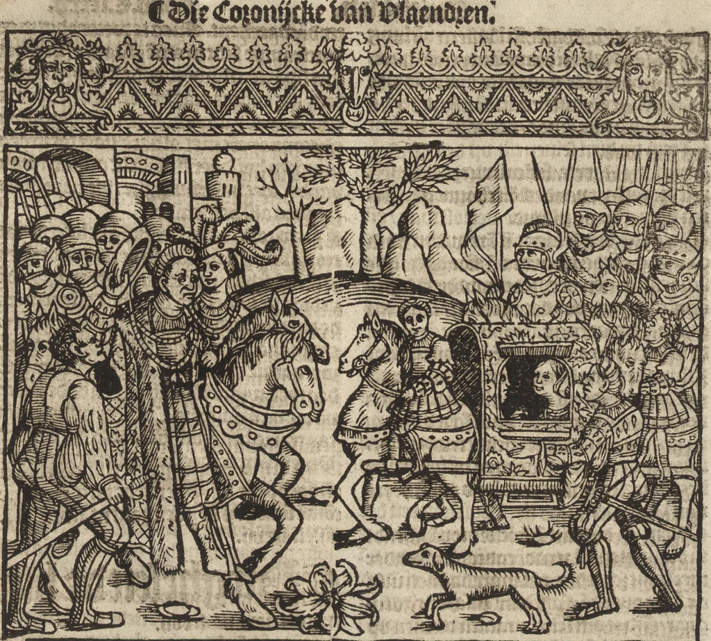 An illustration from Dits die excellente Cronike vā vlaenderē Beghinnende vā Liederick Buc den eersten Forestier tot dē laetstē, die door haer vrome feytē, namaels Grauē vā Vlaendrē ghemaect wordē, achteruolghende die rechte afcomste der voorsz grauē, tot desen onsen doorluchtichstē hoochghborē Keyser Karolo altijt v'meerder des rijcx geborē te Ghendt, etc, 1531, leaf 377