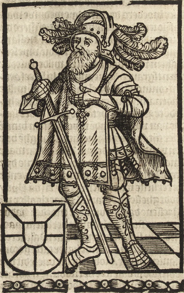 An illustration from Dits die excellente Cronike vā vlaenderē Beghinnende vā Liederick Buc den eersten Forestier tot dē laetstē, die door haer vrome feytē, namaels Grauē vā Vlaendrē ghemaect wordē, achteruolghende die rechte afcomste der voorsz grauē, tot desen onsen doorluchtichstē hoochghborē Keyser Karolo altijt v'meerder des rijcx geborē te Ghendt, etc, 1531, leaf 38