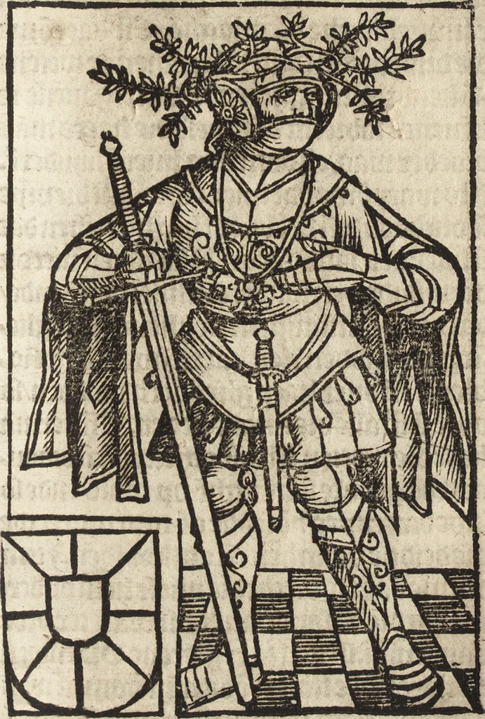 An illustration from Dits die excellente Cronike vā vlaenderē Beghinnende vā Liederick Buc den eersten Forestier tot dē laetstē, die door haer vrome feytē, namaels Grauē vā Vlaendrē ghemaect wordē, achteruolghende die rechte afcomste der voorsz grauē, tot desen onsen doorluchtichstē hoochghborē Keyser Karolo altijt v'meerder des rijcx geborē te Ghendt, etc, 1531, leaf 38