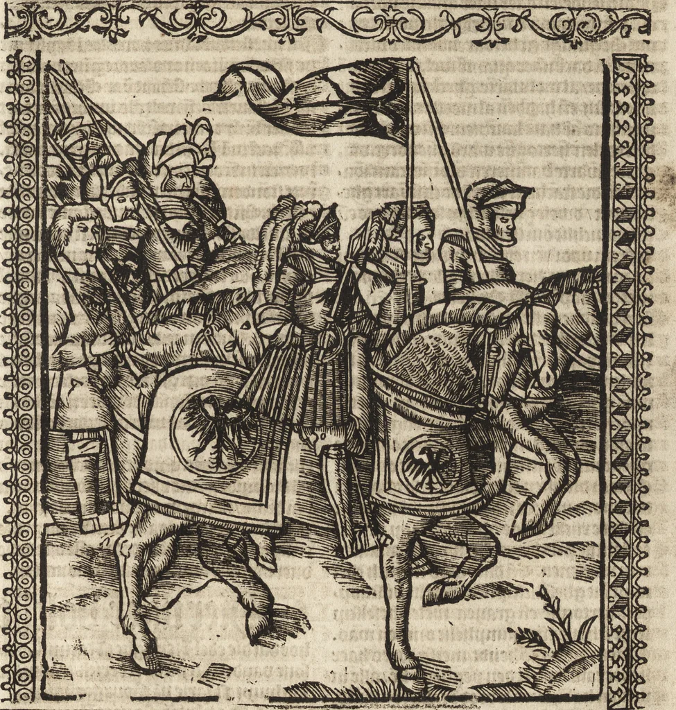 An illustration from Dits die excellente Cronike vā vlaenderē Beghinnende vā Liederick Buc den eersten Forestier tot dē laetstē, die door haer vrome feytē, namaels Grauē vā Vlaendrē ghemaect wordē, achteruolghende die rechte afcomste der voorsz grauē, tot desen onsen doorluchtichstē hoochghborē Keyser Karolo altijt v'meerder des rijcx geborē te Ghendt, etc, 1531, leaf 396