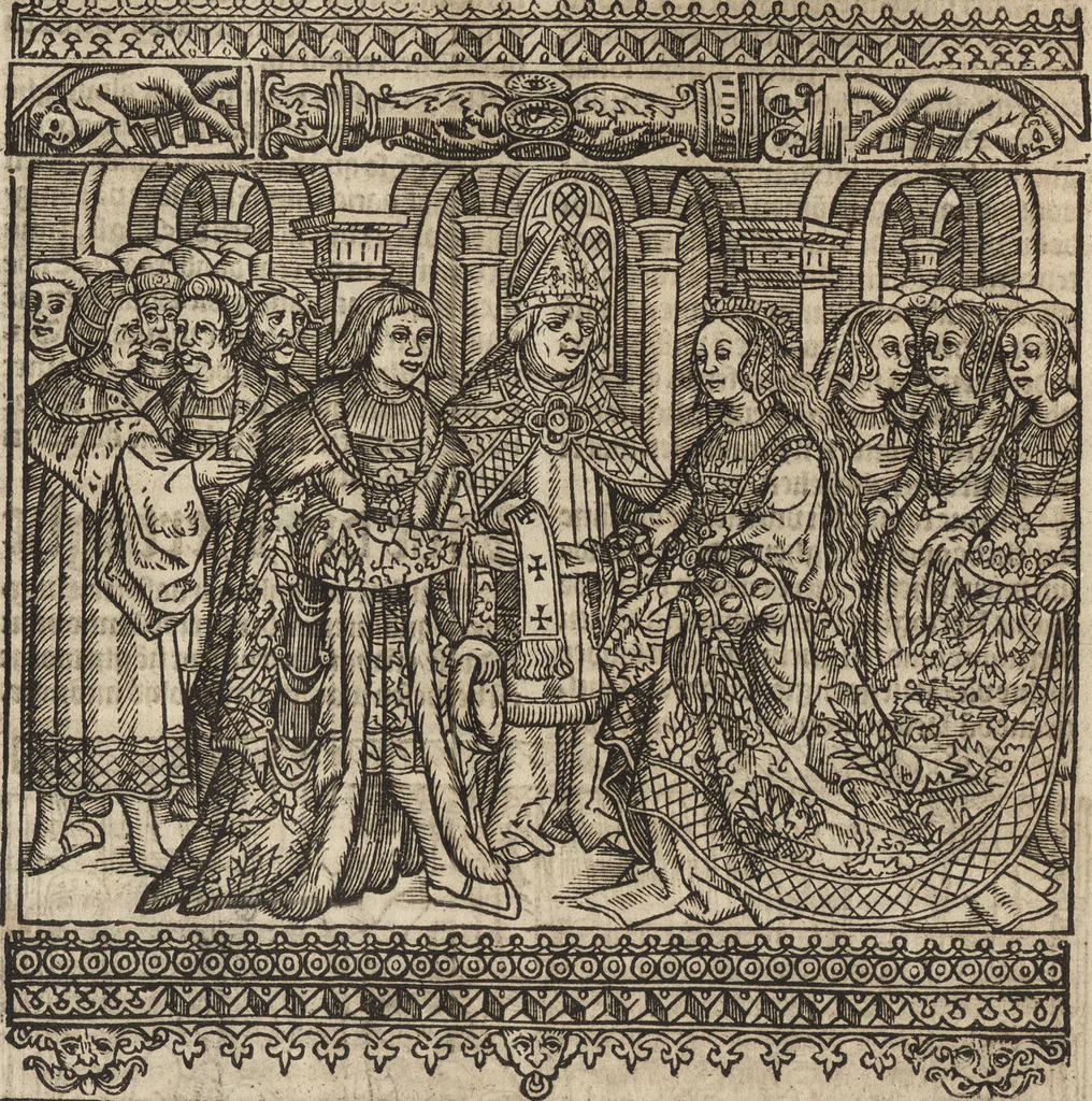 An illustration from Dits die excellente Cronike vā vlaenderē Beghinnende vā Liederick Buc den eersten Forestier tot dē laetstē, die door haer vrome feytē, namaels Grauē vā Vlaendrē ghemaect wordē, achteruolghende die rechte afcomste der voorsz grauē, tot desen onsen doorluchtichstē hoochghborē Keyser Karolo altijt v'meerder des rijcx geborē te Ghendt, etc, 1531, leaf 398