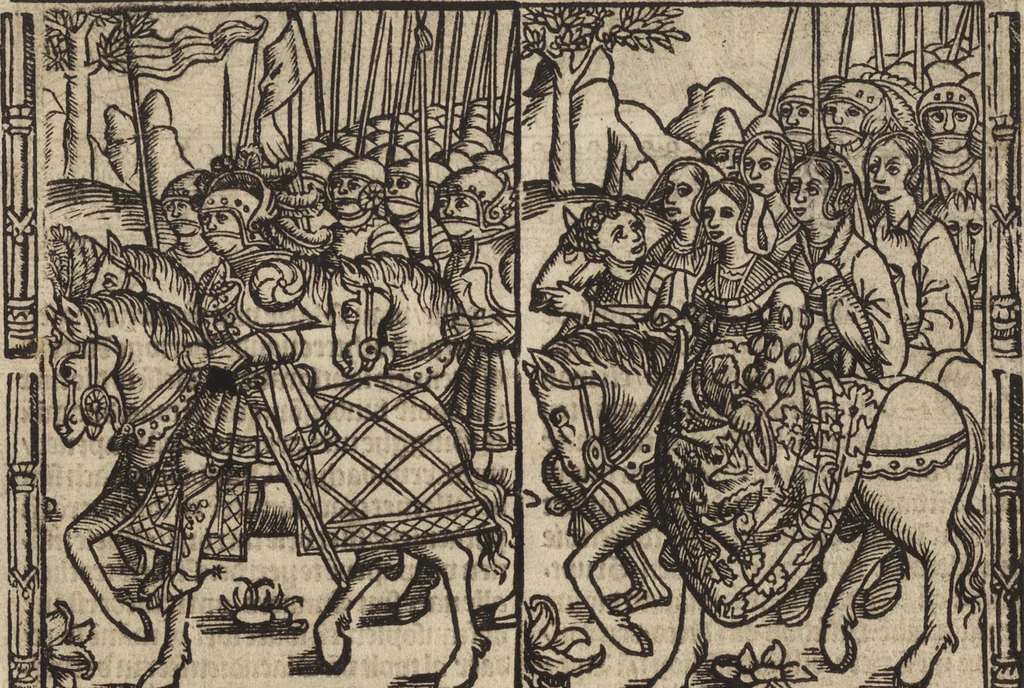 An illustration from Dits die excellente Cronike vā vlaenderē Beghinnende vā Liederick Buc den eersten Forestier tot dē laetstē, die door haer vrome feytē, namaels Grauē vā Vlaendrē ghemaect wordē, achteruolghende die rechte afcomste der voorsz grauē, tot desen onsen doorluchtichstē hoochghborē Keyser Karolo altijt v'meerder des rijcx geborē te Ghendt, etc, 1531, leaf 399