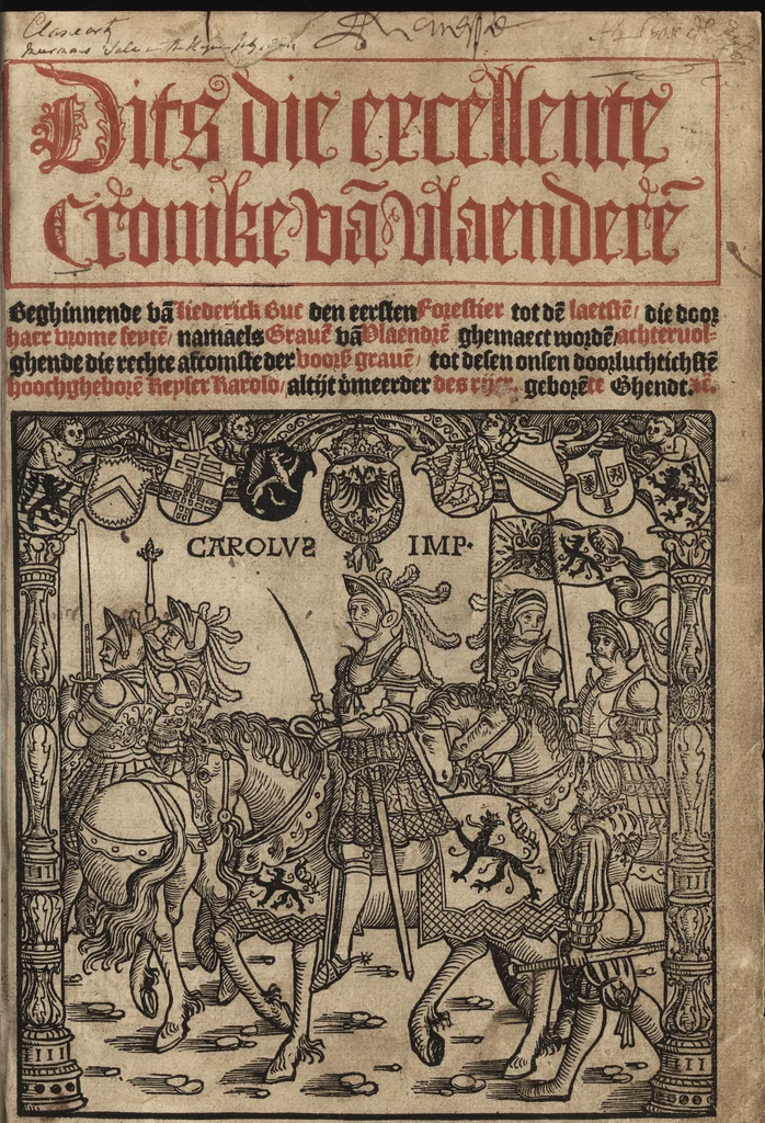 An illustration from Dits die excellente Cronike vā vlaenderē Beghinnende vā Liederick Buc den eersten Forestier tot dē laetstē, die door haer vrome feytē, namaels Grauē vā Vlaendrē ghemaect wordē, achteruolghende die rechte afcomste der voorsz grauē, tot desen onsen doorluchtichstē hoochghborē Keyser Karolo altijt v'meerder des rijcx geborē te Ghendt, etc, 1531, leaf 4