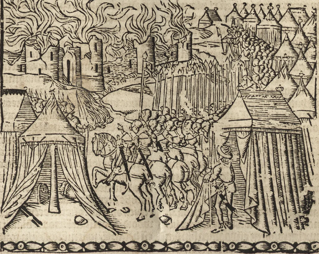 An illustration from Dits die excellente Cronike vā vlaenderē Beghinnende vā Liederick Buc den eersten Forestier tot dē laetstē, die door haer vrome feytē, namaels Grauē vā Vlaendrē ghemaect wordē, achteruolghende die rechte afcomste der voorsz grauē, tot desen onsen doorluchtichstē hoochghborē Keyser Karolo altijt v'meerder des rijcx geborē te Ghendt, etc, 1531, leaf 40