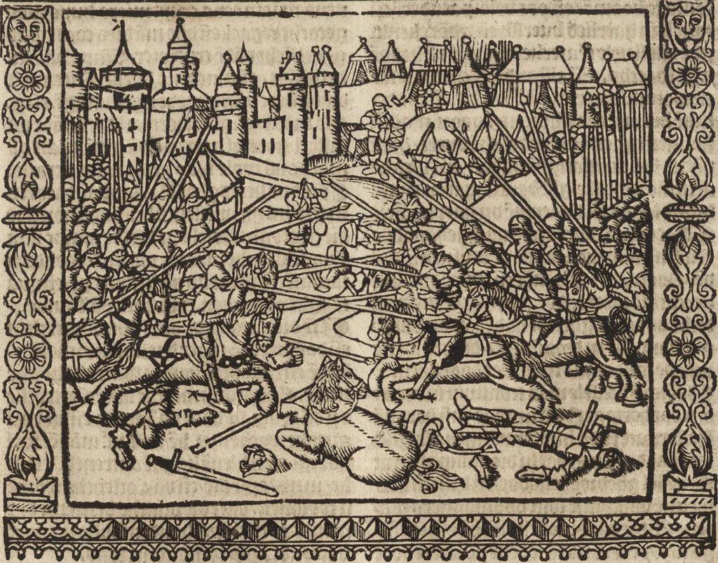 An illustration from Dits die excellente Cronike vā vlaenderē Beghinnende vā Liederick Buc den eersten Forestier tot dē laetstē, die door haer vrome feytē, namaels Grauē vā Vlaendrē ghemaect wordē, achteruolghende die rechte afcomste der voorsz grauē, tot desen onsen doorluchtichstē hoochghborē Keyser Karolo altijt v'meerder des rijcx geborē te Ghendt, etc, 1531, leaf 409