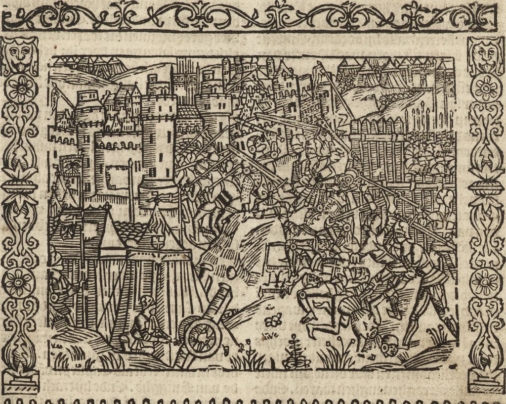 An illustration from Dits die excellente Cronike vā vlaenderē Beghinnende vā Liederick Buc den eersten Forestier tot dē laetstē, die door haer vrome feytē, namaels Grauē vā Vlaendrē ghemaect wordē, achteruolghende die rechte afcomste der voorsz grauē, tot desen onsen doorluchtichstē hoochghborē Keyser Karolo altijt v'meerder des rijcx geborē te Ghendt, etc, 1531, leaf 424