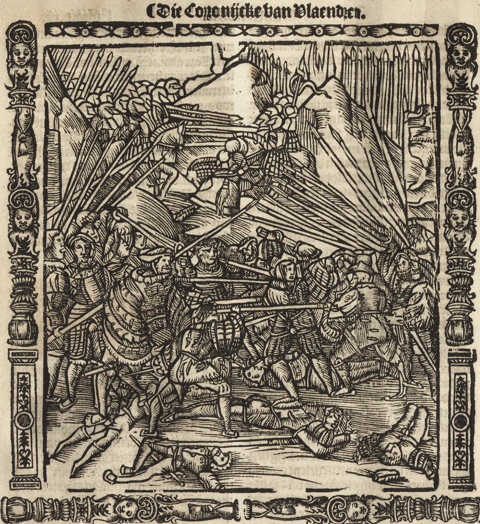 An illustration from Dits die excellente Cronike vā vlaenderē Beghinnende vā Liederick Buc den eersten Forestier tot dē laetstē, die door haer vrome feytē, namaels Grauē vā Vlaendrē ghemaect wordē, achteruolghende die rechte afcomste der voorsz grauē, tot desen onsen doorluchtichstē hoochghborē Keyser Karolo altijt v'meerder des rijcx geborē te Ghendt, etc, 1531, leaf 43