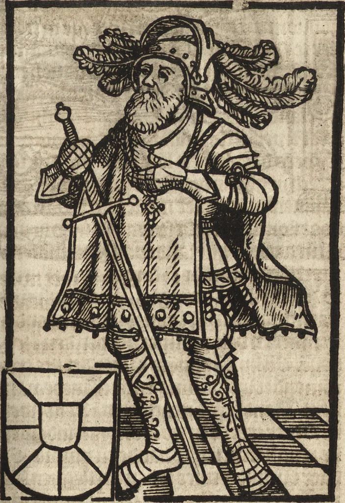 An illustration from Dits die excellente Cronike vā vlaenderē Beghinnende vā Liederick Buc den eersten Forestier tot dē laetstē, die door haer vrome feytē, namaels Grauē vā Vlaendrē ghemaect wordē, achteruolghende die rechte afcomste der voorsz grauē, tot desen onsen doorluchtichstē hoochghborē Keyser Karolo altijt v'meerder des rijcx geborē te Ghendt, etc, 1531, leaf 44