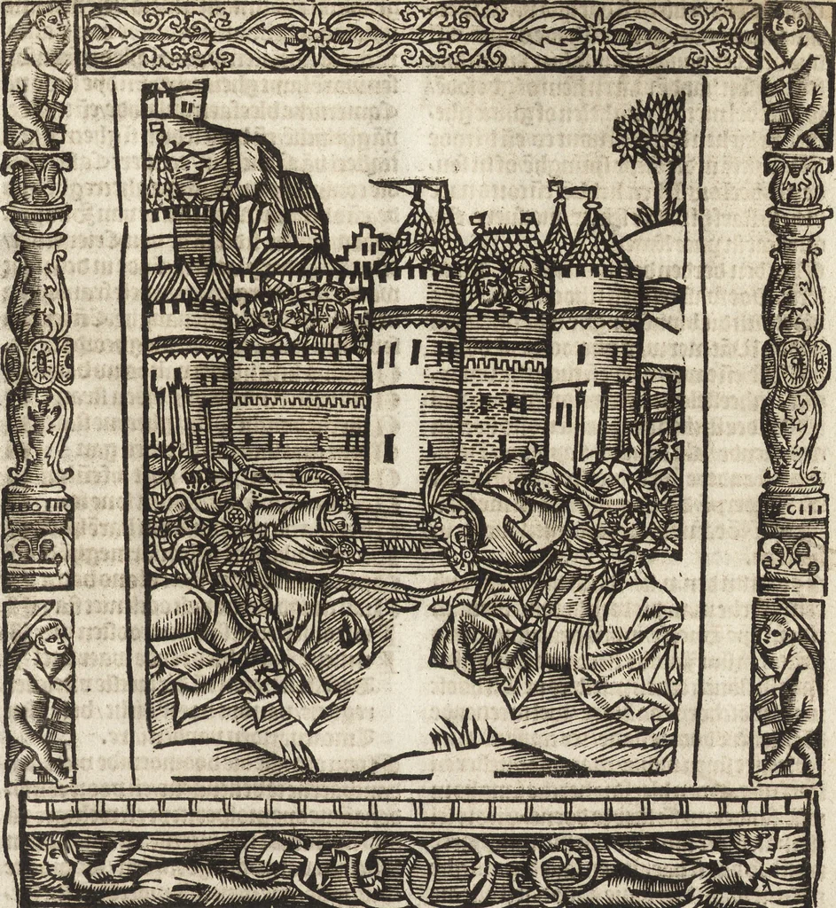 An illustration from Dits die excellente Cronike vā vlaenderē Beghinnende vā Liederick Buc den eersten Forestier tot dē laetstē, die door haer vrome feytē, namaels Grauē vā Vlaendrē ghemaect wordē, achteruolghende die rechte afcomste der voorsz grauē, tot desen onsen doorluchtichstē hoochghborē Keyser Karolo altijt v'meerder des rijcx geborē te Ghendt, etc, 1531, leaf 440