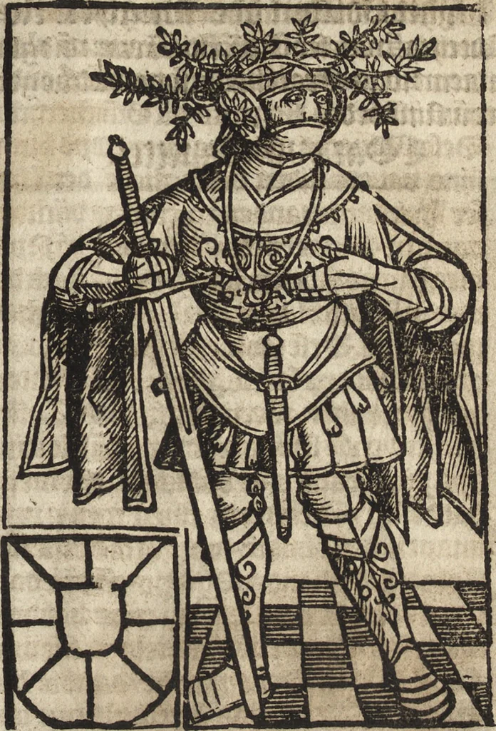 An illustration from Dits die excellente Cronike vā vlaenderē Beghinnende vā Liederick Buc den eersten Forestier tot dē laetstē, die door haer vrome feytē, namaels Grauē vā Vlaendrē ghemaect wordē, achteruolghende die rechte afcomste der voorsz grauē, tot desen onsen doorluchtichstē hoochghborē Keyser Karolo altijt v'meerder des rijcx geborē te Ghendt, etc, 1531, leaf 46