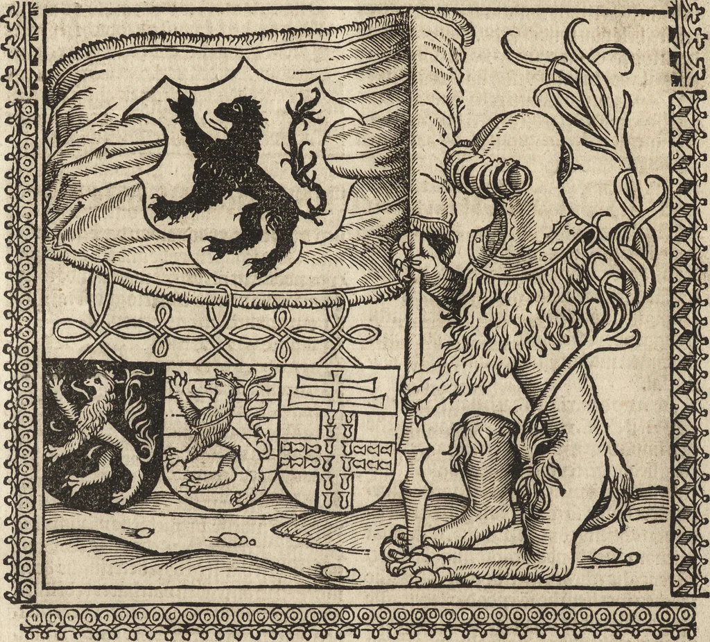 An illustration from Dits die excellente Cronike vā vlaenderē Beghinnende vā Liederick Buc den eersten Forestier tot dē laetstē, die door haer vrome feytē, namaels Grauē vā Vlaendrē ghemaect wordē, achteruolghende die rechte afcomste der voorsz grauē, tot desen onsen doorluchtichstē hoochghborē Keyser Karolo altijt v'meerder des rijcx geborē te Ghendt, etc, 1531, leaf 466