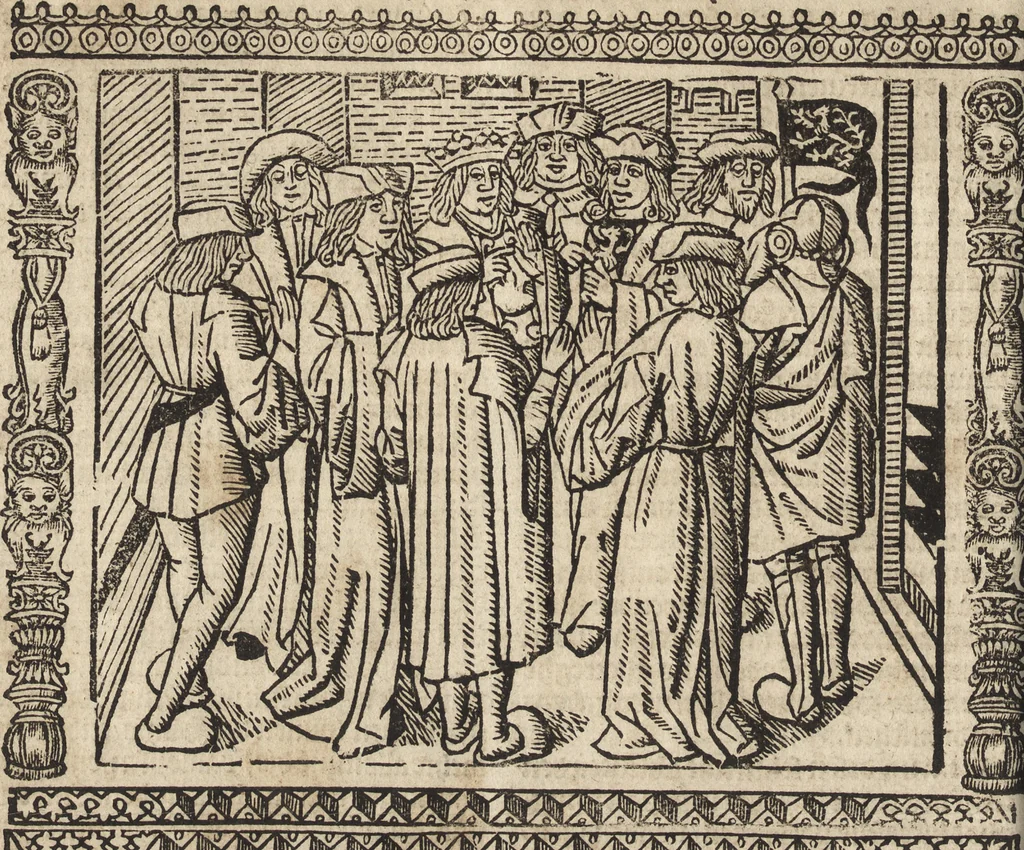 An illustration from Dits die excellente Cronike vā vlaenderē Beghinnende vā Liederick Buc den eersten Forestier tot dē laetstē, die door haer vrome feytē, namaels Grauē vā Vlaendrē ghemaect wordē, achteruolghende die rechte afcomste der voorsz grauē, tot desen onsen doorluchtichstē hoochghborē Keyser Karolo altijt v'meerder des rijcx geborē te Ghendt, etc, 1531, leaf 471
