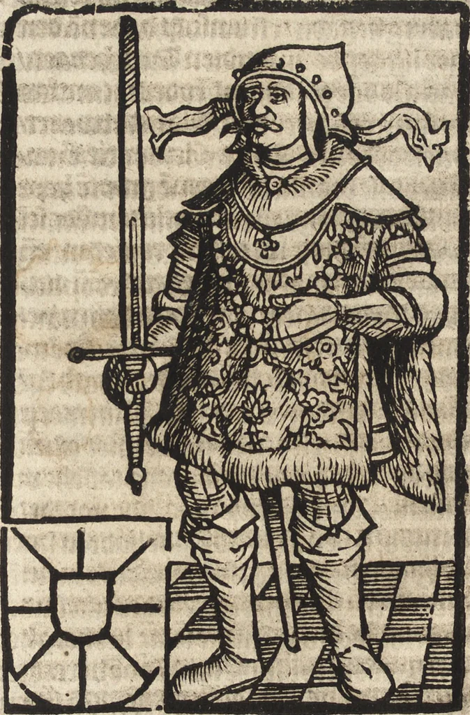 An illustration from Dits die excellente Cronike vā vlaenderē Beghinnende vā Liederick Buc den eersten Forestier tot dē laetstē, die door haer vrome feytē, namaels Grauē vā Vlaendrē ghemaect wordē, achteruolghende die rechte afcomste der voorsz grauē, tot desen onsen doorluchtichstē hoochghborē Keyser Karolo altijt v'meerder des rijcx geborē te Ghendt, etc, 1531, leaf 49