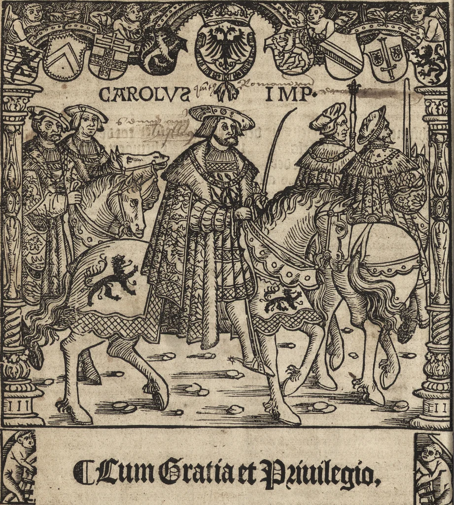 An illustration from Dits die excellente Cronike vā vlaenderē Beghinnende vā Liederick Buc den eersten Forestier tot dē laetstē, die door haer vrome feytē, namaels Grauē vā Vlaendrē ghemaect wordē, achteruolghende die rechte afcomste der voorsz grauē, tot desen onsen doorluchtichstē hoochghborē Keyser Karolo altijt v'meerder des rijcx geborē te Ghendt, etc, 1531, leaf 5
