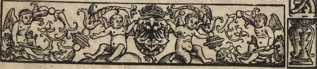 An illustration from Dits die excellente Cronike vā vlaenderē Beghinnende vā Liederick Buc den eersten Forestier tot dē laetstē, die door haer vrome feytē, namaels Grauē vā Vlaendrē ghemaect wordē, achteruolghende die rechte afcomste der voorsz grauē, tot desen onsen doorluchtichstē hoochghborē Keyser Karolo altijt v'meerder des rijcx geborē te Ghendt, etc, 1531, leaf 5