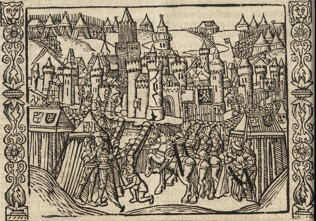 An illustration from Dits die excellente Cronike vā vlaenderē Beghinnende vā Liederick Buc den eersten Forestier tot dē laetstē, die door haer vrome feytē, namaels Grauē vā Vlaendrē ghemaect wordē, achteruolghende die rechte afcomste der voorsz grauē, tot desen onsen doorluchtichstē hoochghborē Keyser Karolo altijt v'meerder des rijcx geborē te Ghendt, etc, 1531, leaf 521