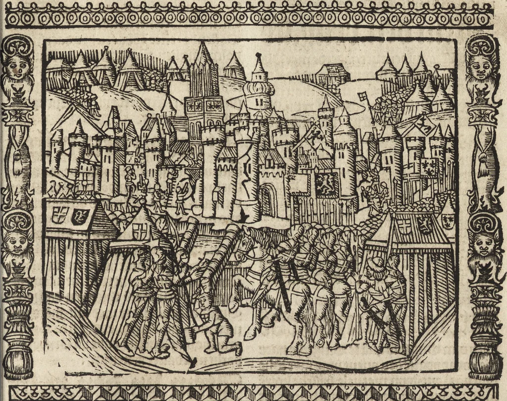 An illustration from Dits die excellente Cronike vā vlaenderē Beghinnende vā Liederick Buc den eersten Forestier tot dē laetstē, die door haer vrome feytē, namaels Grauē vā Vlaendrē ghemaect wordē, achteruolghende die rechte afcomste der voorsz grauē, tot desen onsen doorluchtichstē hoochghborē Keyser Karolo altijt v'meerder des rijcx geborē te Ghendt, etc, 1531, leaf 528