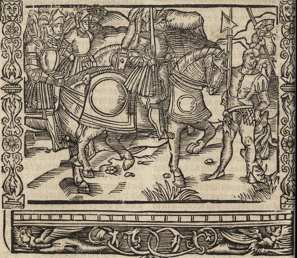 An illustration from Dits die excellente Cronike vā vlaenderē Beghinnende vā Liederick Buc den eersten Forestier tot dē laetstē, die door haer vrome feytē, namaels Grauē vā Vlaendrē ghemaect wordē, achteruolghende die rechte afcomste der voorsz grauē, tot desen onsen doorluchtichstē hoochghborē Keyser Karolo altijt v'meerder des rijcx geborē te Ghendt, etc, 1531, leaf 533