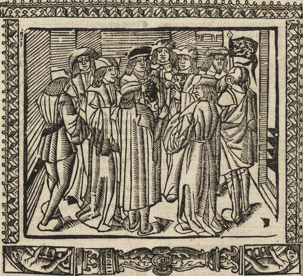 An illustration from Dits die excellente Cronike vā vlaenderē Beghinnende vā Liederick Buc den eersten Forestier tot dē laetstē, die door haer vrome feytē, namaels Grauē vā Vlaendrē ghemaect wordē, achteruolghende die rechte afcomste der voorsz grauē, tot desen onsen doorluchtichstē hoochghborē Keyser Karolo altijt v'meerder des rijcx geborē te Ghendt, etc, 1531, leaf 559