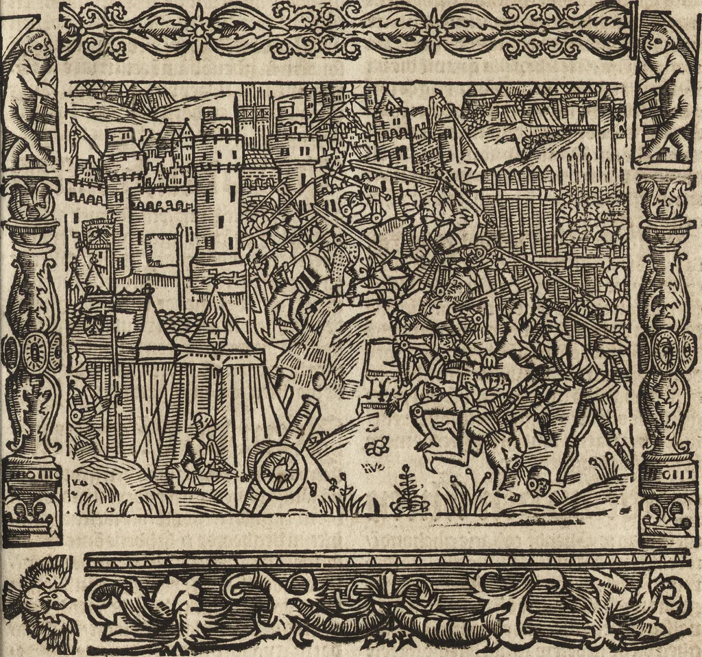An illustration from Dits die excellente Cronike vā vlaenderē Beghinnende vā Liederick Buc den eersten Forestier tot dē laetstē, die door haer vrome feytē, namaels Grauē vā Vlaendrē ghemaect wordē, achteruolghende die rechte afcomste der voorsz grauē, tot desen onsen doorluchtichstē hoochghborē Keyser Karolo altijt v'meerder des rijcx geborē te Ghendt, etc, 1531, leaf 562