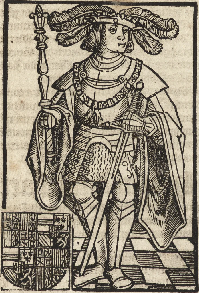 An illustration from Dits die excellente Cronike vā vlaenderē Beghinnende vā Liederick Buc den eersten Forestier tot dē laetstē, die door haer vrome feytē, namaels Grauē vā Vlaendrē ghemaect wordē, achteruolghende die rechte afcomste der voorsz grauē, tot desen onsen doorluchtichstē hoochghborē Keyser Karolo altijt v'meerder des rijcx geborē te Ghendt, etc, 1531, leaf 575