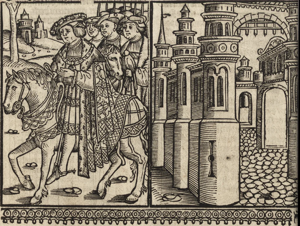 An illustration from Dits die excellente Cronike vā vlaenderē Beghinnende vā Liederick Buc den eersten Forestier tot dē laetstē, die door haer vrome feytē, namaels Grauē vā Vlaendrē ghemaect wordē, achteruolghende die rechte afcomste der voorsz grauē, tot desen onsen doorluchtichstē hoochghborē Keyser Karolo altijt v'meerder des rijcx geborē te Ghendt, etc, 1531, leaf 577