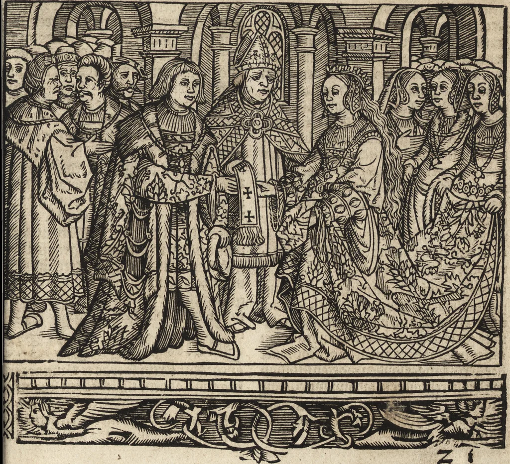 An illustration from Dits die excellente Cronike vā vlaenderē Beghinnende vā Liederick Buc den eersten Forestier tot dē laetstē, die door haer vrome feytē, namaels Grauē vā Vlaendrē ghemaect wordē, achteruolghende die rechte afcomste der voorsz grauē, tot desen onsen doorluchtichstē hoochghborē Keyser Karolo altijt v'meerder des rijcx geborē te Ghendt, etc, 1531, leaf 580