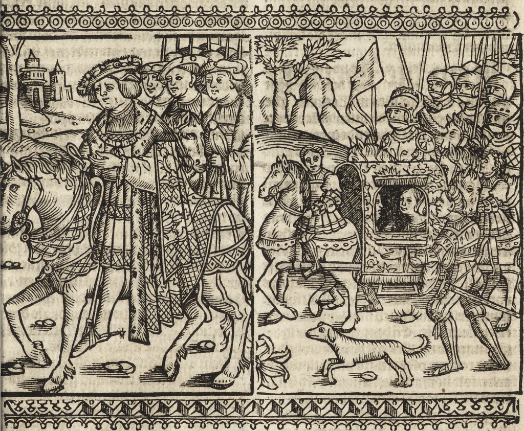 An illustration from Dits die excellente Cronike vā vlaenderē Beghinnende vā Liederick Buc den eersten Forestier tot dē laetstē, die door haer vrome feytē, namaels Grauē vā Vlaendrē ghemaect wordē, achteruolghende die rechte afcomste der voorsz grauē, tot desen onsen doorluchtichstē hoochghborē Keyser Karolo altijt v'meerder des rijcx geborē te Ghendt, etc, 1531, leaf 582