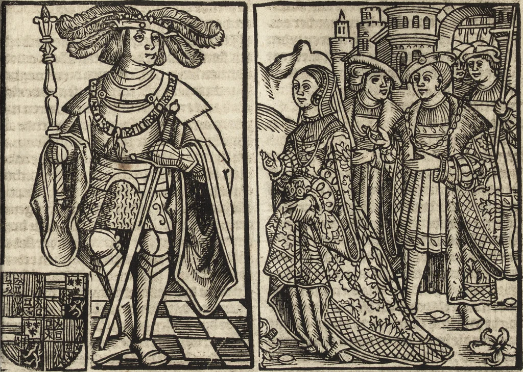 An illustration from Dits die excellente Cronike vā vlaenderē Beghinnende vā Liederick Buc den eersten Forestier tot dē laetstē, die door haer vrome feytē, namaels Grauē vā Vlaendrē ghemaect wordē, achteruolghende die rechte afcomste der voorsz grauē, tot desen onsen doorluchtichstē hoochghborē Keyser Karolo altijt v'meerder des rijcx geborē te Ghendt, etc, 1531, leaf 584
