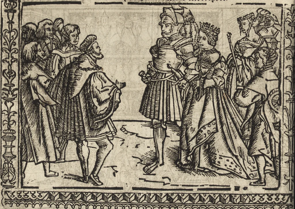 An illustration from Dits die excellente Cronike vā vlaenderē Beghinnende vā Liederick Buc den eersten Forestier tot dē laetstē, die door haer vrome feytē, namaels Grauē vā Vlaendrē ghemaect wordē, achteruolghende die rechte afcomste der voorsz grauē, tot desen onsen doorluchtichstē hoochghborē Keyser Karolo altijt v'meerder des rijcx geborē te Ghendt, etc, 1531, leaf 585