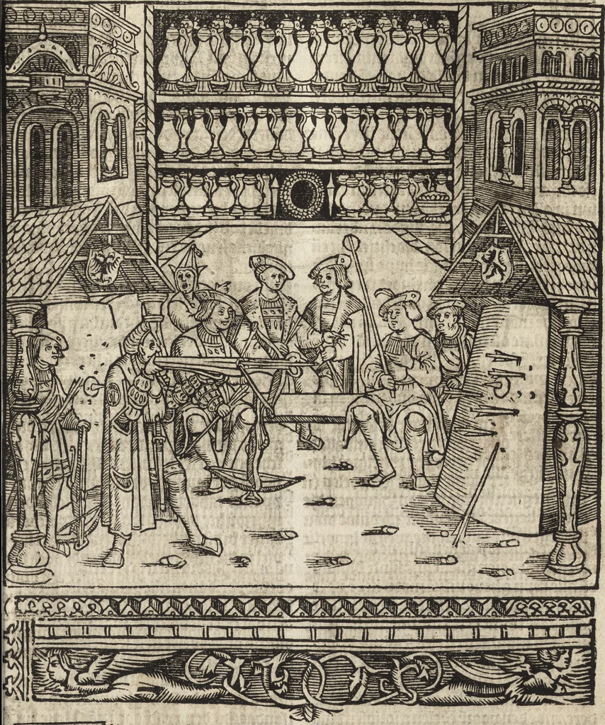 An illustration from Dits die excellente Cronike vā vlaenderē Beghinnende vā Liederick Buc den eersten Forestier tot dē laetstē, die door haer vrome feytē, namaels Grauē vā Vlaendrē ghemaect wordē, achteruolghende die rechte afcomste der voorsz grauē, tot desen onsen doorluchtichstē hoochghborē Keyser Karolo altijt v'meerder des rijcx geborē te Ghendt, etc, 1531, leaf 586