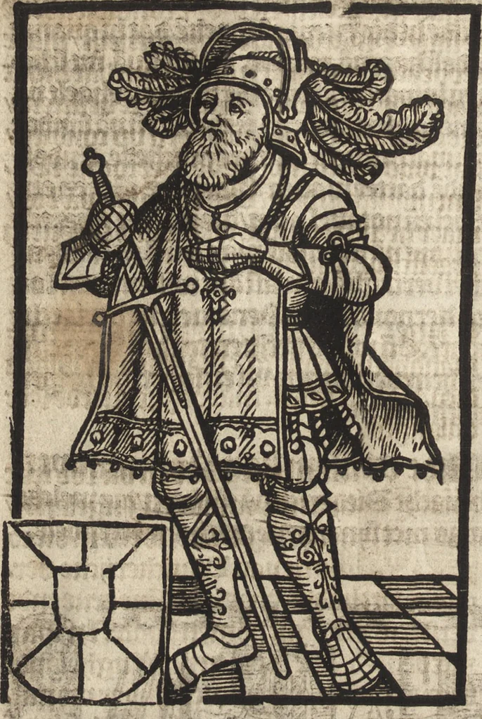 An illustration from Dits die excellente Cronike vā vlaenderē Beghinnende vā Liederick Buc den eersten Forestier tot dē laetstē, die door haer vrome feytē, namaels Grauē vā Vlaendrē ghemaect wordē, achteruolghende die rechte afcomste der voorsz grauē, tot desen onsen doorluchtichstē hoochghborē Keyser Karolo altijt v'meerder des rijcx geborē te Ghendt, etc, 1531, leaf 59