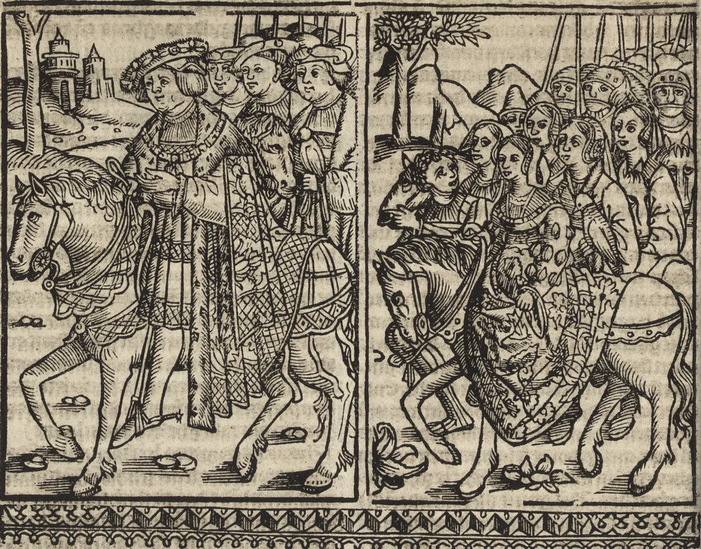 An illustration from Dits die excellente Cronike vā vlaenderē Beghinnende vā Liederick Buc den eersten Forestier tot dē laetstē, die door haer vrome feytē, namaels Grauē vā Vlaendrē ghemaect wordē, achteruolghende die rechte afcomste der voorsz grauē, tot desen onsen doorluchtichstē hoochghborē Keyser Karolo altijt v'meerder des rijcx geborē te Ghendt, etc, 1531, leaf 599