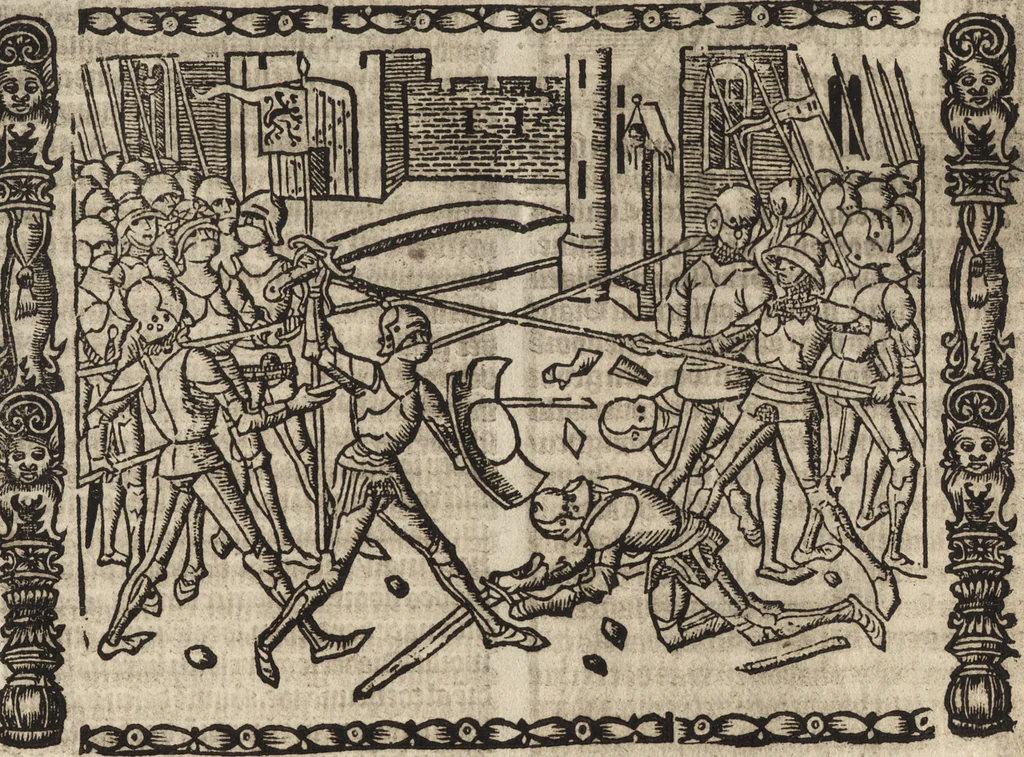 An illustration from Dits die excellente Cronike vā vlaenderē Beghinnende vā Liederick Buc den eersten Forestier tot dē laetstē, die door haer vrome feytē, namaels Grauē vā Vlaendrē ghemaect wordē, achteruolghende die rechte afcomste der voorsz grauē, tot desen onsen doorluchtichstē hoochghborē Keyser Karolo altijt v'meerder des rijcx geborē te Ghendt, etc, 1531, leaf 60