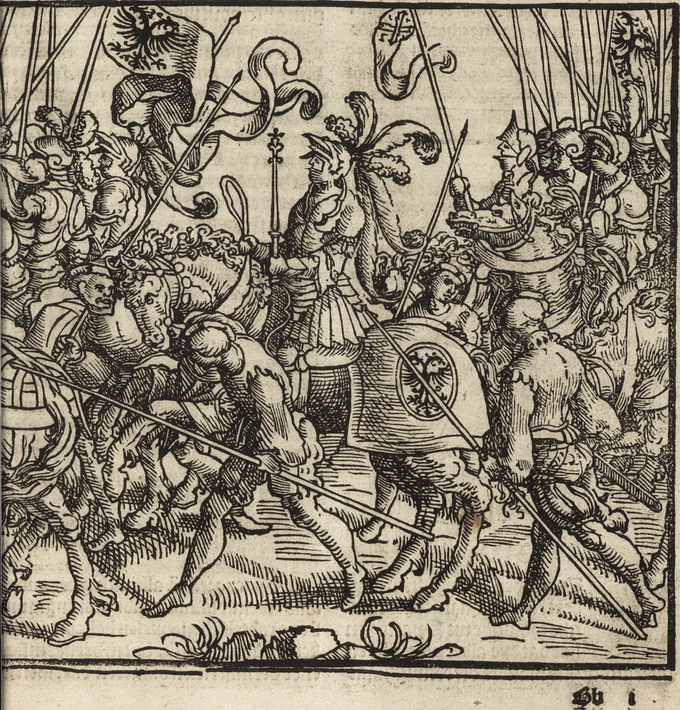 An illustration from Dits die excellente Cronike vā vlaenderē Beghinnende vā Liederick Buc den eersten Forestier tot dē laetstē, die door haer vrome feytē, namaels Grauē vā Vlaendrē ghemaect wordē, achteruolghende die rechte afcomste der voorsz grauē, tot desen onsen doorluchtichstē hoochghborē Keyser Karolo altijt v'meerder des rijcx geborē te Ghendt, etc, 1531, leaf 604