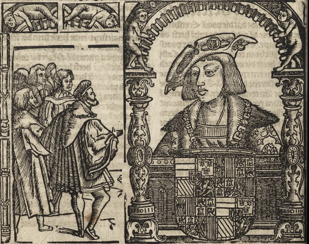 An illustration from Dits die excellente Cronike vā vlaenderē Beghinnende vā Liederick Buc den eersten Forestier tot dē laetstē, die door haer vrome feytē, namaels Grauē vā Vlaendrē ghemaect wordē, achteruolghende die rechte afcomste der voorsz grauē, tot desen onsen doorluchtichstē hoochghborē Keyser Karolo altijt v'meerder des rijcx geborē te Ghendt, etc, 1531, leaf 605