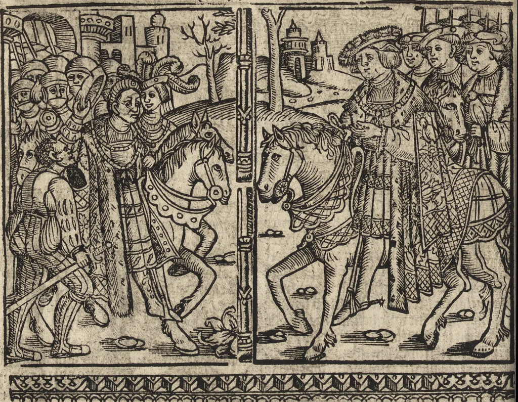 An illustration from Dits die excellente Cronike vā vlaenderē Beghinnende vā Liederick Buc den eersten Forestier tot dē laetstē, die door haer vrome feytē, namaels Grauē vā Vlaendrē ghemaect wordē, achteruolghende die rechte afcomste der voorsz grauē, tot desen onsen doorluchtichstē hoochghborē Keyser Karolo altijt v'meerder des rijcx geborē te Ghendt, etc, 1531, leaf 609