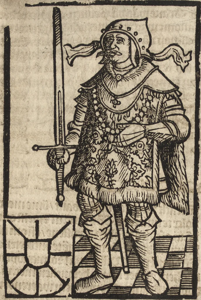 An illustration from Dits die excellente Cronike vā vlaenderē Beghinnende vā Liederick Buc den eersten Forestier tot dē laetstē, die door haer vrome feytē, namaels Grauē vā Vlaendrē ghemaect wordē, achteruolghende die rechte afcomste der voorsz grauē, tot desen onsen doorluchtichstē hoochghborē Keyser Karolo altijt v'meerder des rijcx geborē te Ghendt, etc, 1531, leaf 61