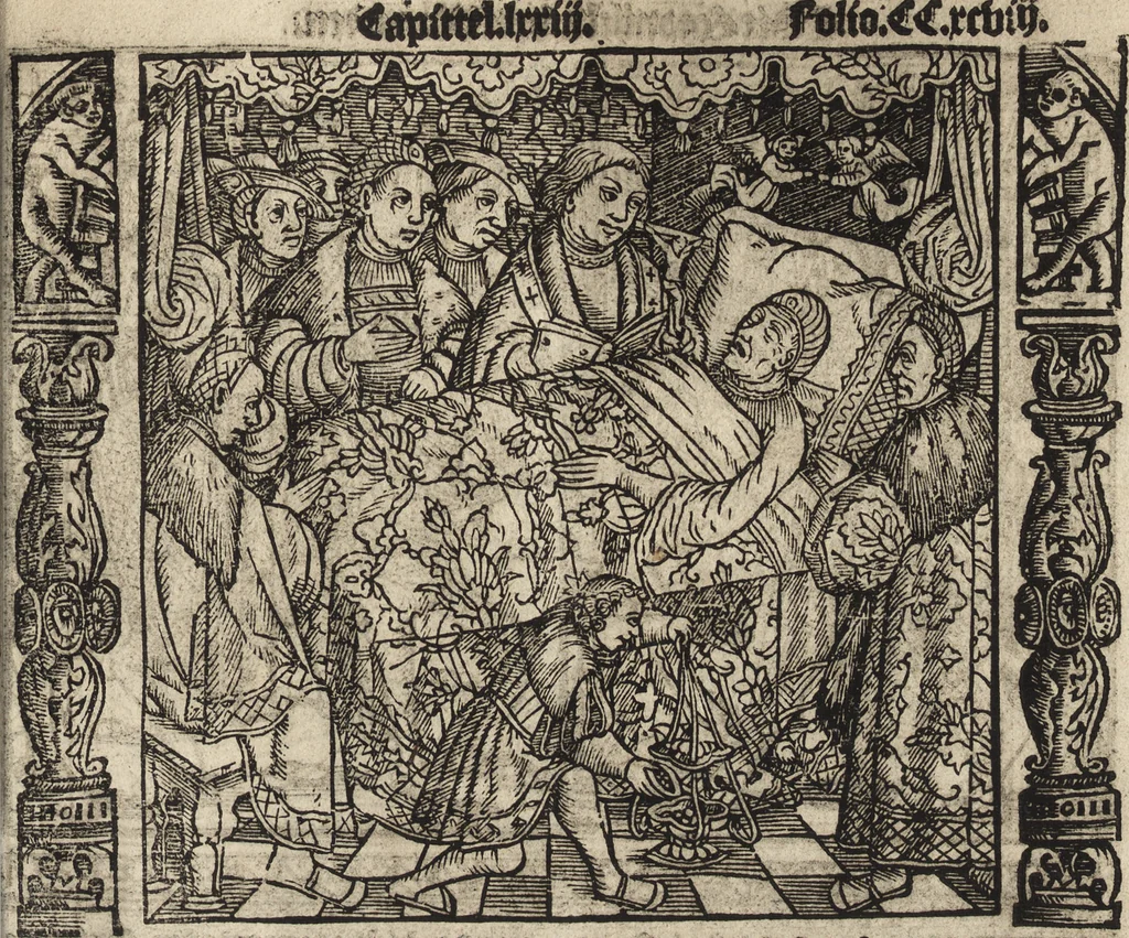 An illustration from Dits die excellente Cronike vā vlaenderē Beghinnende vā Liederick Buc den eersten Forestier tot dē laetstē, die door haer vrome feytē, namaels Grauē vā Vlaendrē ghemaect wordē, achteruolghende die rechte afcomste der voorsz grauē, tot desen onsen doorluchtichstē hoochghborē Keyser Karolo altijt v'meerder des rijcx geborē te Ghendt, etc, 1531, leaf 610
