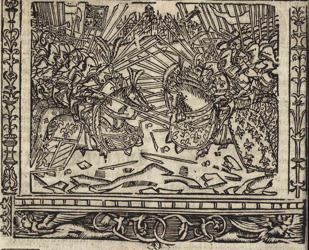 An illustration from Dits die excellente Cronike vā vlaenderē Beghinnende vā Liederick Buc den eersten Forestier tot dē laetstē, die door haer vrome feytē, namaels Grauē vā Vlaendrē ghemaect wordē, achteruolghende die rechte afcomste der voorsz grauē, tot desen onsen doorluchtichstē hoochghborē Keyser Karolo altijt v'meerder des rijcx geborē te Ghendt, etc, 1531, leaf 611