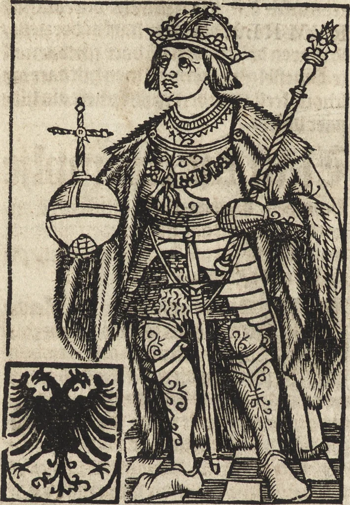 An illustration from Dits die excellente Cronike vā vlaenderē Beghinnende vā Liederick Buc den eersten Forestier tot dē laetstē, die door haer vrome feytē, namaels Grauē vā Vlaendrē ghemaect wordē, achteruolghende die rechte afcomste der voorsz grauē, tot desen onsen doorluchtichstē hoochghborē Keyser Karolo altijt v'meerder des rijcx geborē te Ghendt, etc, 1531, leaf 617