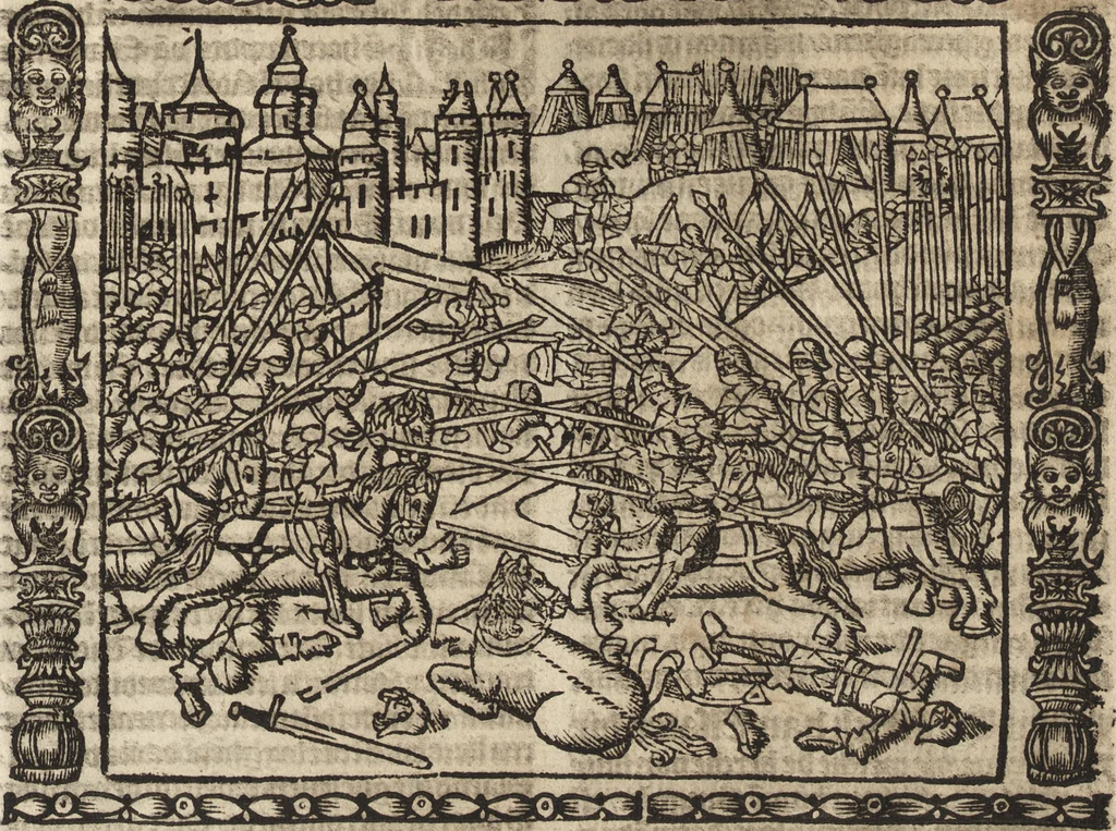 An illustration from Dits die excellente Cronike vā vlaenderē Beghinnende vā Liederick Buc den eersten Forestier tot dē laetstē, die door haer vrome feytē, namaels Grauē vā Vlaendrē ghemaect wordē, achteruolghende die rechte afcomste der voorsz grauē, tot desen onsen doorluchtichstē hoochghborē Keyser Karolo altijt v'meerder des rijcx geborē te Ghendt, etc, 1531, leaf 62