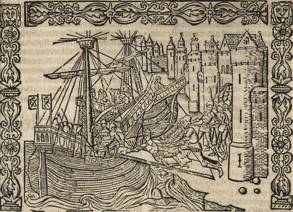 An illustration from Dits die excellente Cronike vā vlaenderē Beghinnende vā Liederick Buc den eersten Forestier tot dē laetstē, die door haer vrome feytē, namaels Grauē vā Vlaendrē ghemaect wordē, achteruolghende die rechte afcomste der voorsz grauē, tot desen onsen doorluchtichstē hoochghborē Keyser Karolo altijt v'meerder des rijcx geborē te Ghendt, etc, 1531, leaf 620