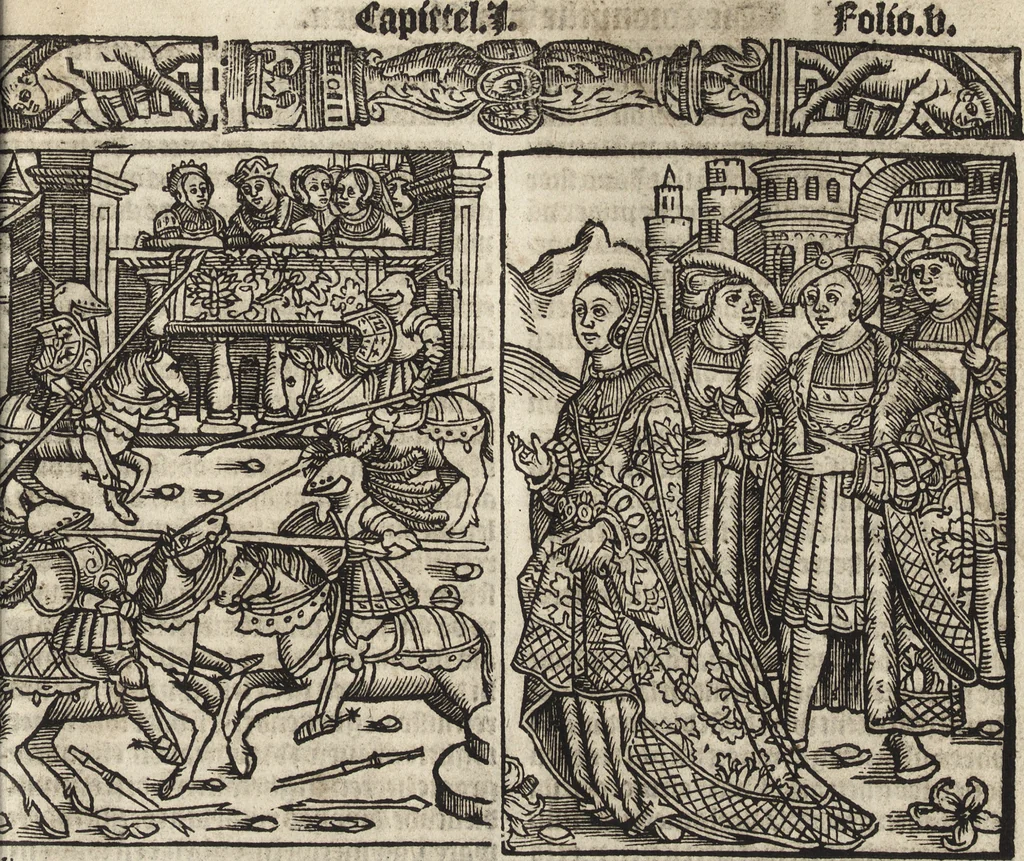 An illustration from Dits die excellente Cronike vā vlaenderē Beghinnende vā Liederick Buc den eersten Forestier tot dē laetstē, die door haer vrome feytē, namaels Grauē vā Vlaendrē ghemaect wordē, achteruolghende die rechte afcomste der voorsz grauē, tot desen onsen doorluchtichstē hoochghborē Keyser Karolo altijt v'meerder des rijcx geborē te Ghendt, etc, 1531, leaf 624
